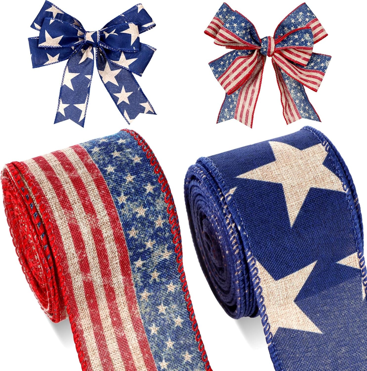 2 Rolls 20 Yard Patriotic Day Ribbon 4Th of July Wreath Ribbon Stars and Stripes Vintage Wired Ribbon Red White Blue American Flag Ribbon for Independence Day DIY Craft Party Decor