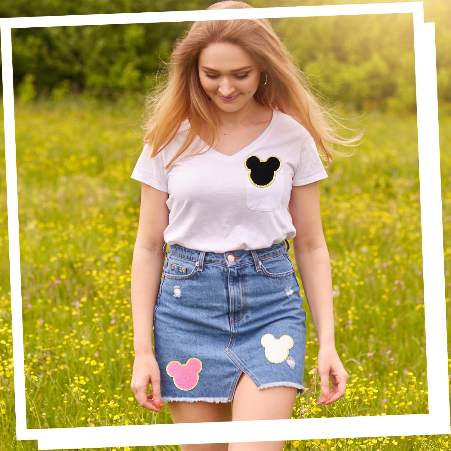 14 Pcs Chenille Mouse Patches,  Iron on Mouse Head Patches Cute Chenille Embroidered Applique Patch for Clothing Sew on Glitter Gold Trimmed Mouse Decorative Patch for DIY Decors