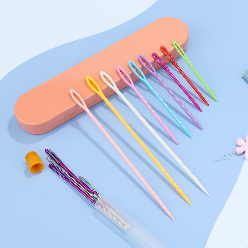 Plastic Large Eye Sewing Needles, Large-Eye Blunt Needles, Bent Tapestry Needles, Yarn Needles Crafting Knitting Stringing Needles with Storage Box and Needle Threader for Knitting Crochet