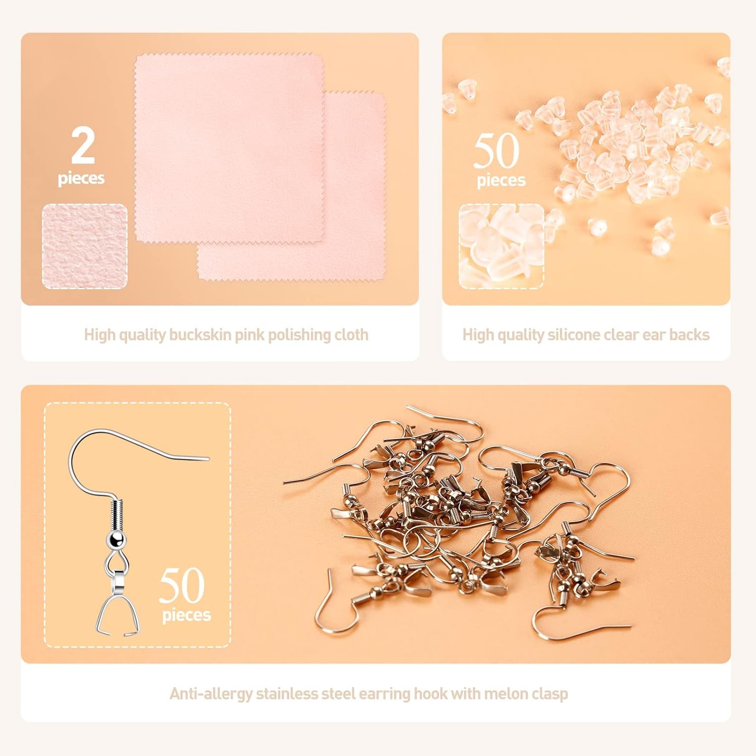 Stainless Steel Hypoallergenic Earring Hooks, 100 Pieces Earring Making Kit, Earring Hooks with Pendant Clasp, Silicone Ear Backs and Polishing Cloth for Earring Making DIY (Silver) (100)