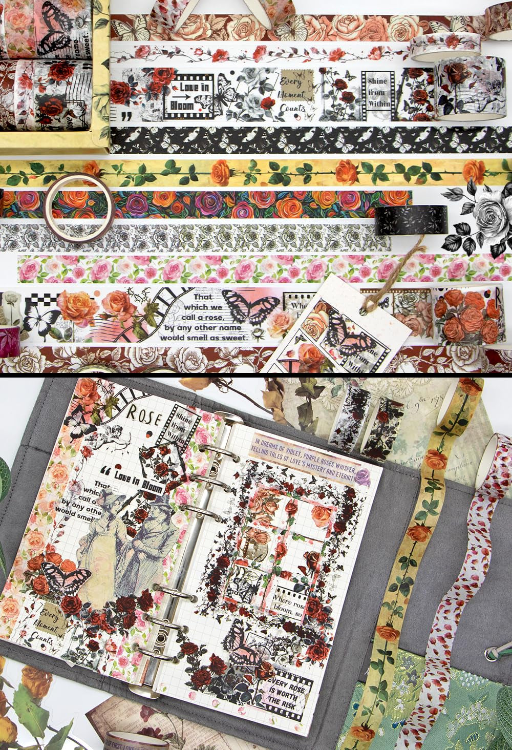 Rose Washi Tape Set, 20 Rolls Vintage Floral Washi Tapes for Journaling, Thanksgiving Flower Letter Butterfly Stickers Decorative Tapes for Crafts Supplies, Scrapbooking, Junk Journal (Love Theme)