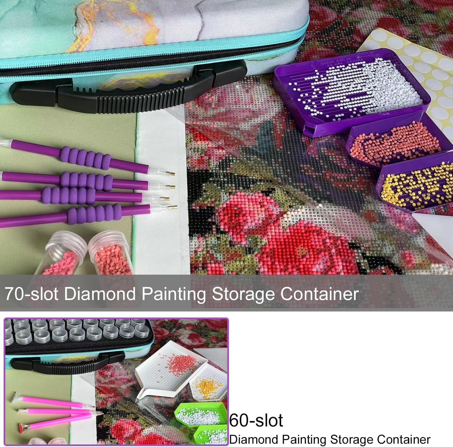 70 Slots Diamond Painting Storage Container, Diamond Painting Accessory Kit with Tools, Shockproof Storage Box for Diamond Art Craft Jewelry Bead Rhinestone Organizer.