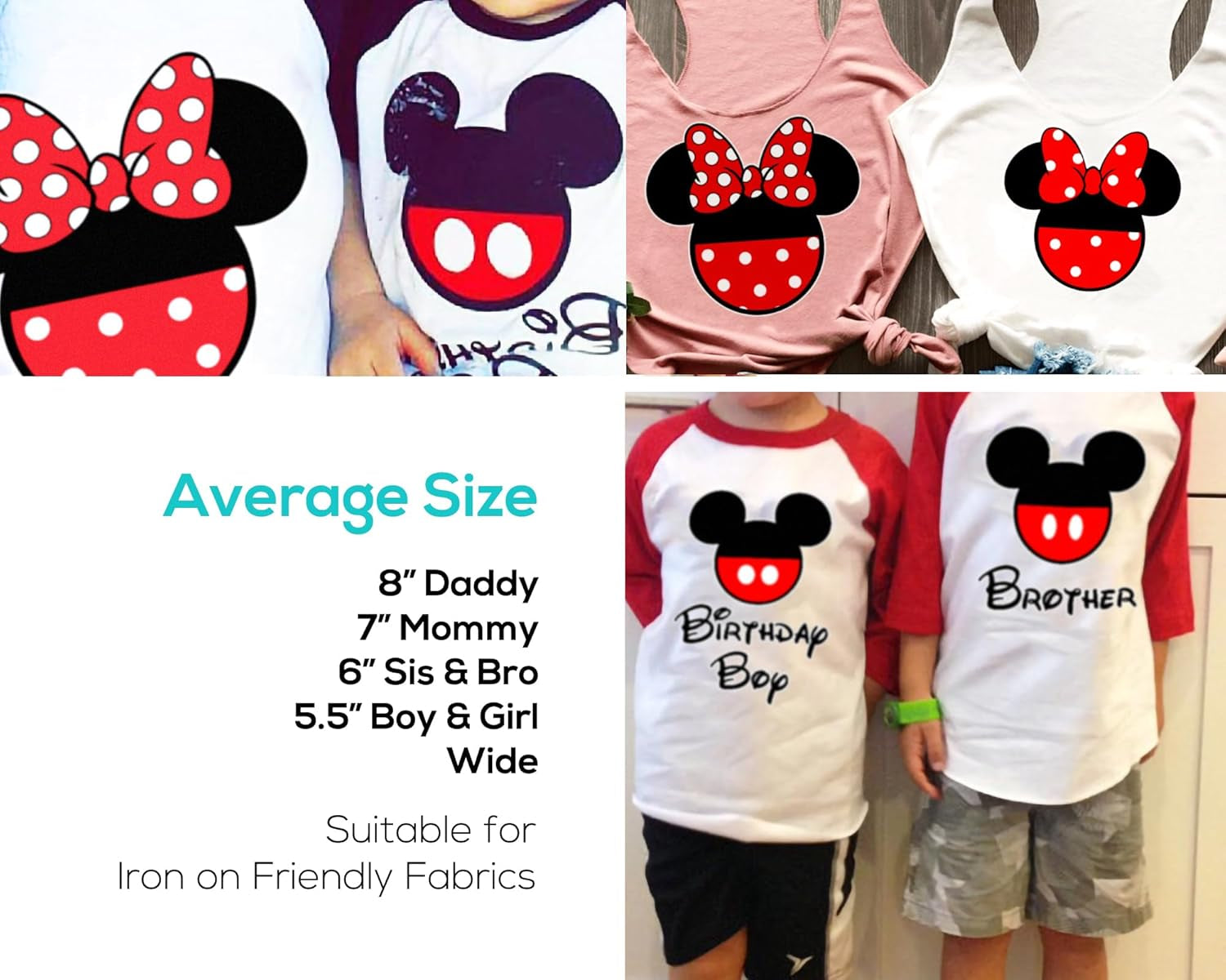 Iron on Decals for Family Shirts - Matching Tees Mouse Silhouette Heat Transfer Vinyl Patches for Theme Park Vacation Birthday Party Clothing Patches - Girl Set,Red Black Pink,Mmouse - 001