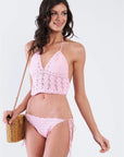 Pink Self-Tie Halter Neck Crochet Two Piece Swimsuit - OS