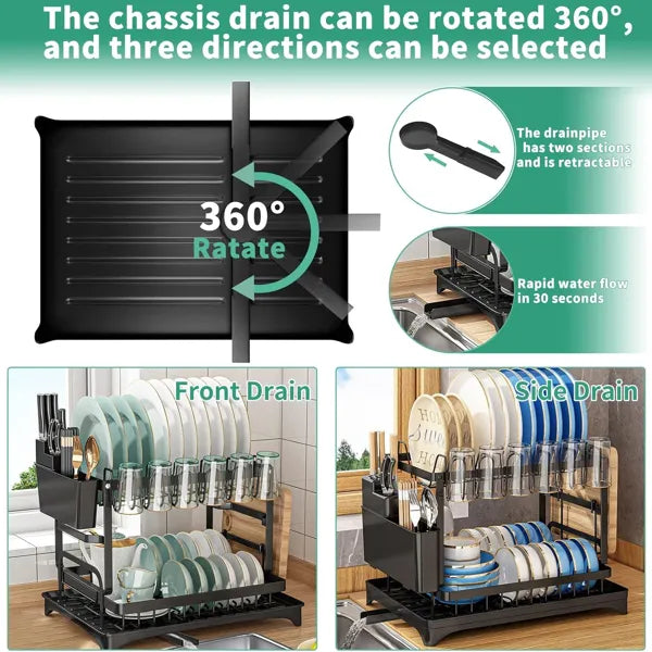 2-Tier Dish Rack with Drainboard &amp; Utensil Holder
